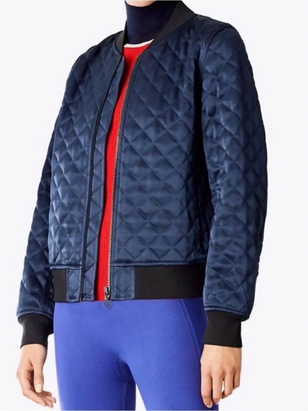 Tory Burch Sport Quilted Bomber Jacket Satin Blue Size Small